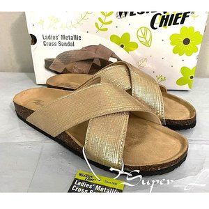 NEW Western Chief Women's Metallic Cross Sandals GOLD